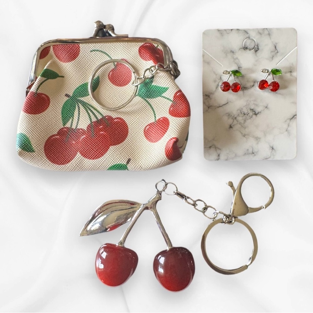 Set of Cherry Accessories– Coin Purse, Earrings & Keychain / Charm